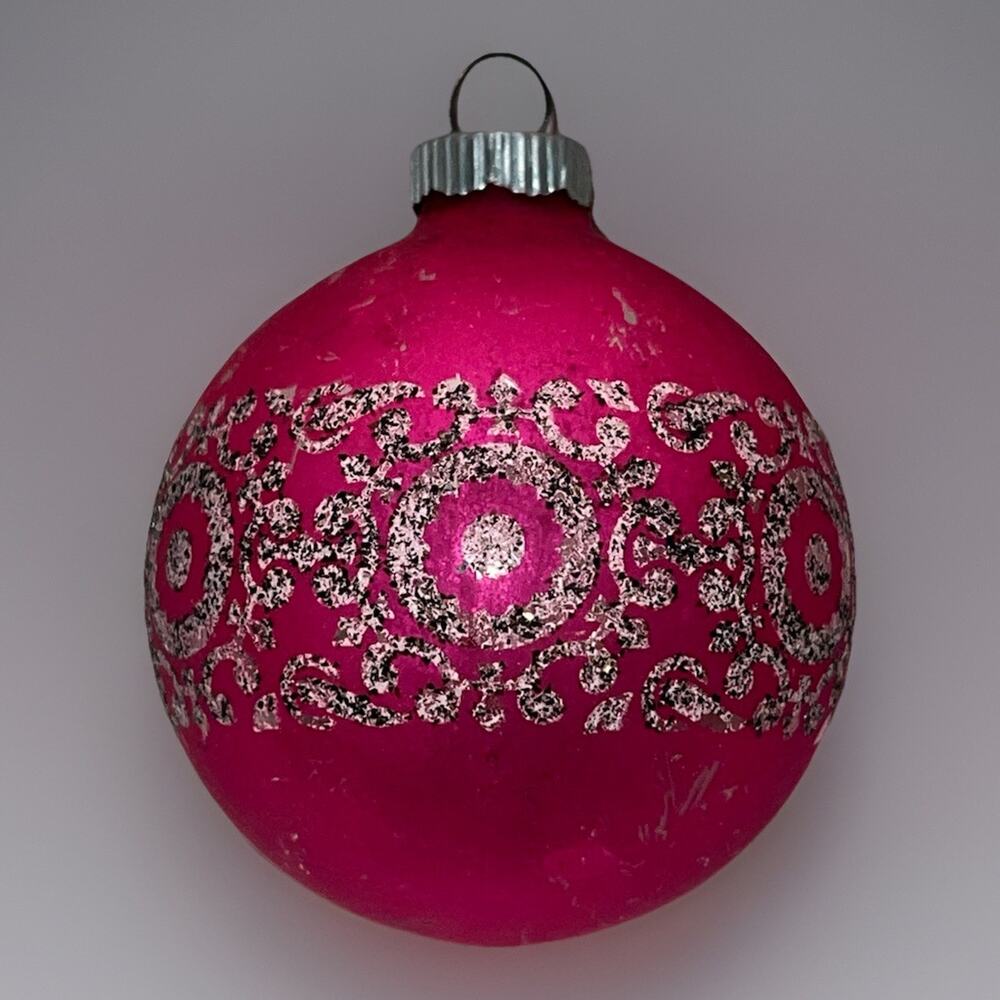 Shiny Brite Pink Ornament Stencil Glitter Mica Band Vtg MCM Glass Christmas Ball